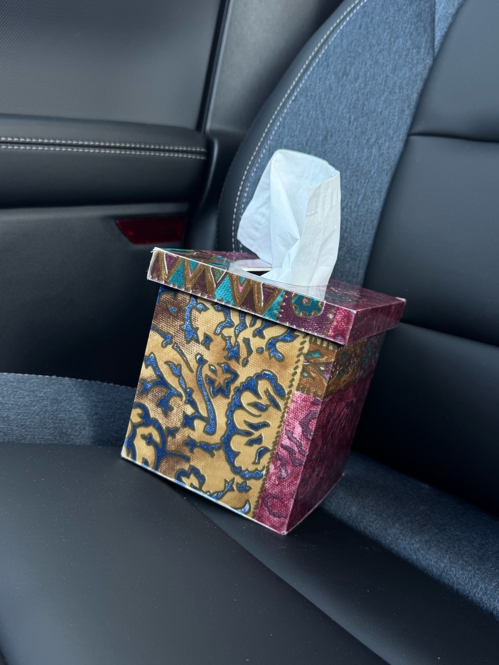 Decorative Patterned Tissue Box Cover in Gold, Blue & Burgundy